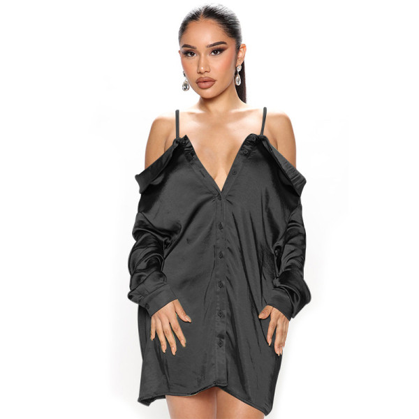 Shirt Long Sleeve Fashion Satin Sexy One Shoulder Shirt Sling Skirt