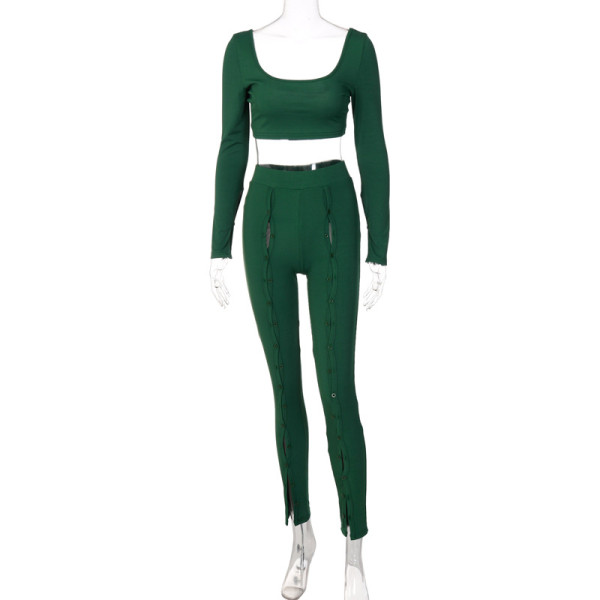 Two-piece set of square-neck open-back long-sleeved T-shirt button-up skinny trousers