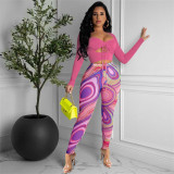 Solid Color Top and Screen Print Pants Two Piece Set