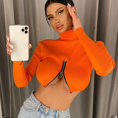 Fashion Sexy Long Sleeve High Neck Chest Front Zipper Long Sleeve Crop Top