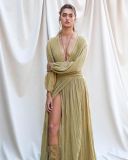 Fashion Balloon Sleeves Cotton Hemp Holiday V-Neck Slit Dress