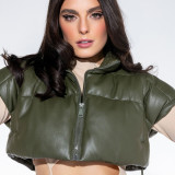 Solid color PU leather cardigan sexy cropped vest cotton coat