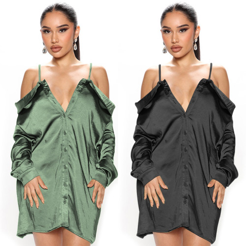 Shirt Long Sleeve Fashion Satin Sexy One Shoulder Shirt Sling Skirt