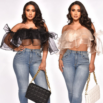 Sexy one-shoulder short-sleeved density mesh shirt crop top