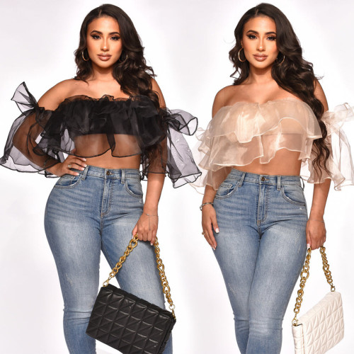 Sexy one-shoulder short-sleeved density mesh shirt crop top