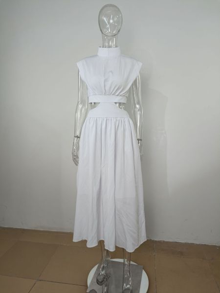 Fashionable temperament sleeveless large swing high waist long skirt solid color simple vest dress