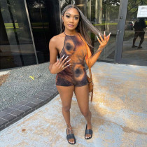 Irregular tie-dye print halter strap open back bodysuit Irregular tie-dye print halter strap open back bodysuit