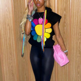 Sunflower Print Oversized Hooded Short Sleeve Sweatshirt