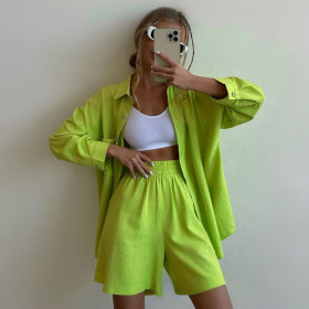 Solid Color Single Breasted Long Sleeve Lapel Shirt Shorts Loose Fashion Casual Suit