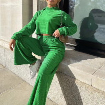 Winter Casual Fashion Long Sleeve Hooded Sweater Wide Leg Pants Two Piece Set