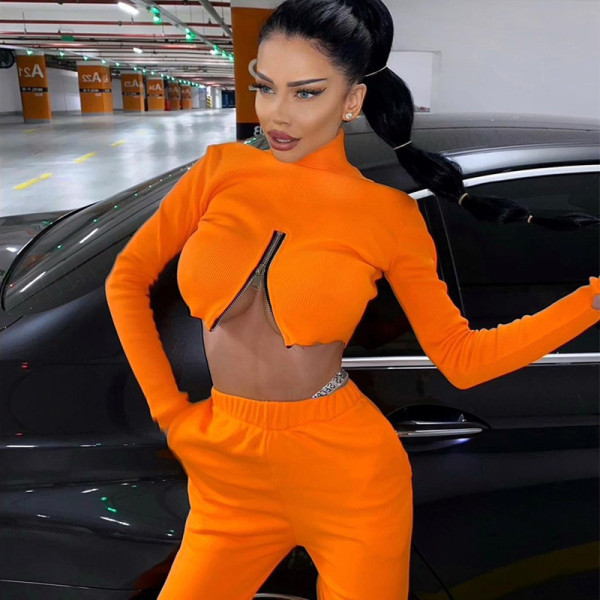 Fashion Sexy Long Sleeve High Neck Chest Front Zipper Long Sleeve Crop Top