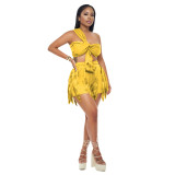 One-shoulder strapless drawstring fringed two-piece shorts