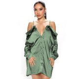 Shirt Long Sleeve Fashion Satin Sexy One Shoulder Shirt Sling Skirt