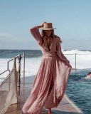 Fashion Balloon Sleeves Cotton Hemp Holiday V-Neck Slit Dress