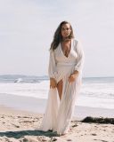 Fashion Balloon Sleeves Cotton Hemp Holiday V-Neck Slit Dress