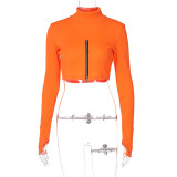 Fashion Sexy Long Sleeve High Neck Chest Front Zipper Long Sleeve Crop Top