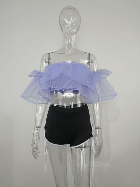 Sexy one-shoulder short-sleeved density mesh shirt crop top