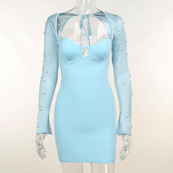Temperament show bust open back beaded long-sleeved hip dress