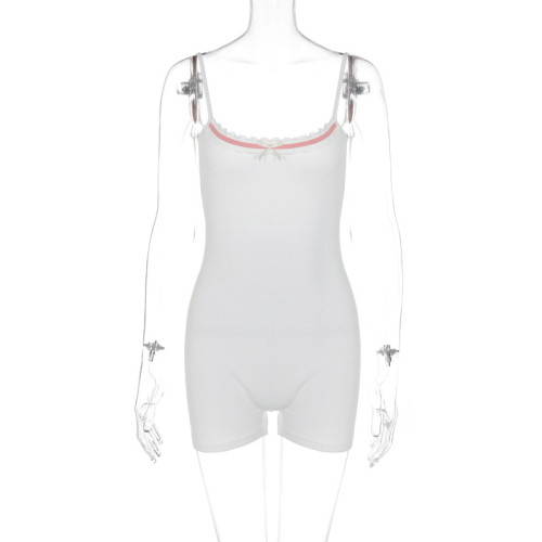 Solid color slim girl style chest collage bow open back suspender jumpsuit