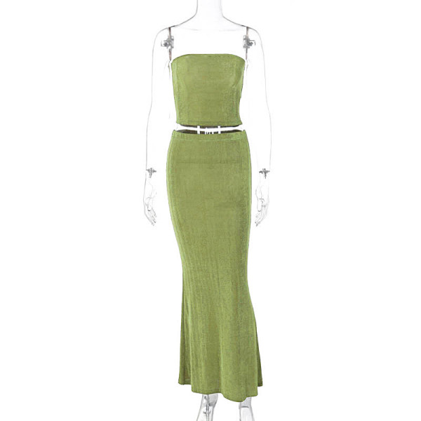 Temperament wrapped chest exposed navel street niche style lotus leaf long skirt suit