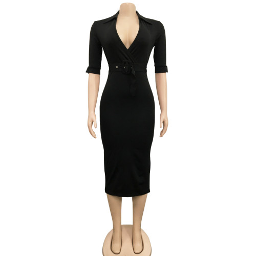 Fashion Women Belt Solid Color Collar Mid Sleeve Midi Dress