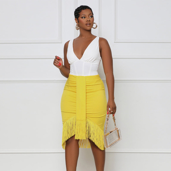 Tight high waist pleated plus size hip skirt sexy tassel skirt one step skirt