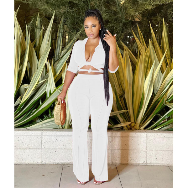 Fashion Women's Solid Color Mid Sleeve Trousers Collar Shirt Two Piece Set