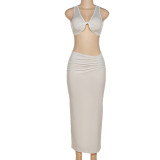 Deep V Neck Vest Solid Color Pleated Temperament Slim Fit Hip Long Skirt Suit