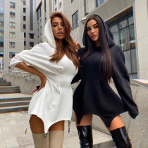 Solid Color Casual Hooded Long Sleeve Pleated Slim Short Dress Solid Color Casual Hooded Long Sleeve Pleated Slim Short Dress
