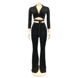 Fashion Women's Solid Color Mid Sleeve Trousers Collar Shirt Two Piece Set