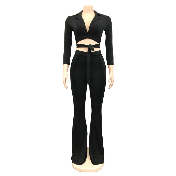 Fashion Women's Solid Color Mid Sleeve Trousers Collar Shirt Two Piece Set