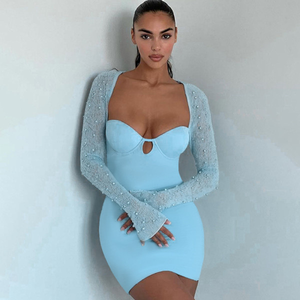 Temperament show bust open back beaded long-sleeved hip dress