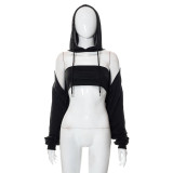 Solid Color Casual Cutout Cropped Navel Wrap Hooded Long Sleeve Top