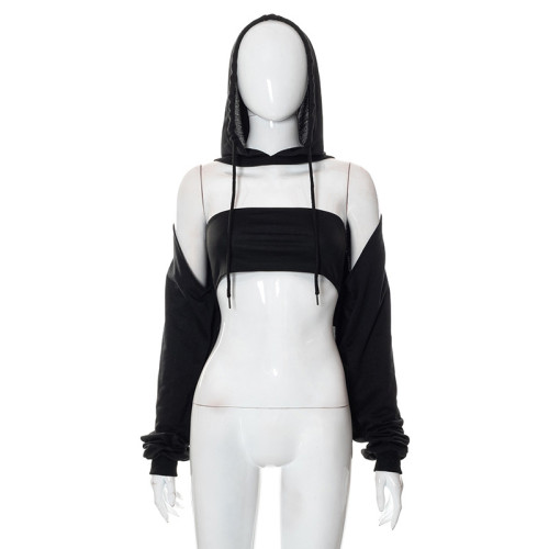 Solid Color Casual Cutout Cropped Navel Wrap Hooded Long Sleeve Top