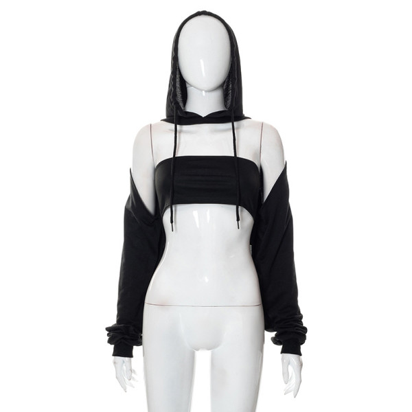 Solid Color Casual Cutout Cropped Navel Wrap Hooded Long Sleeve Top