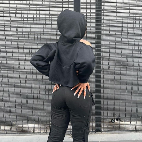 Solid Color Casual Cutout Cropped Navel Wrap Hooded Long Sleeve Top