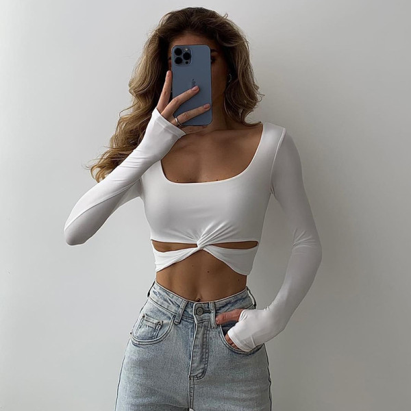Everyday Casual Twist Cropped Long Sleeve T-Shirt