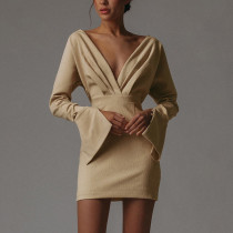 Women's deep V-neck solid color long-sleeved hip-packed temperament short skirt dress Women's deep V-neck solid color long-sleeved hip-packed temperament short skirt dress