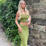 Temperament wrapped chest exposed navel street niche style lotus leaf long skirt suit