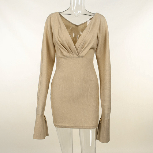 Women's deep V-neck solid color long-sleeved hip-packed temperament short skirt dress
