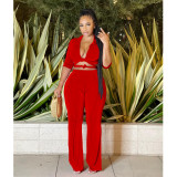 Fashion Women's Solid Color Mid Sleeve Trousers Collar Shirt Two Piece Set