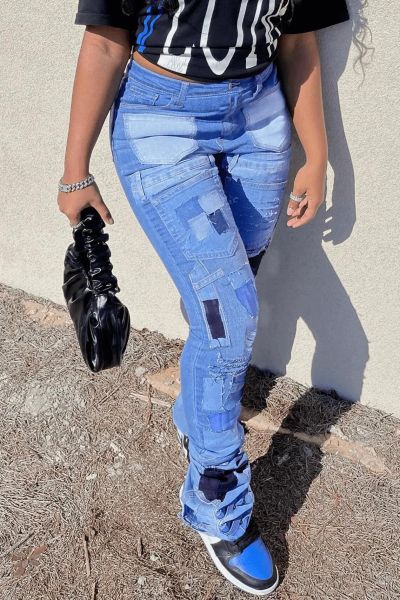Women's Fashion Denim Print Pleated Pants
