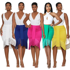 Tight high waist pleated plus size hip skirt sexy tassel skirt one step skirt