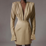 Women's deep V-neck solid color long-sleeved hip-packed temperament short skirt dress