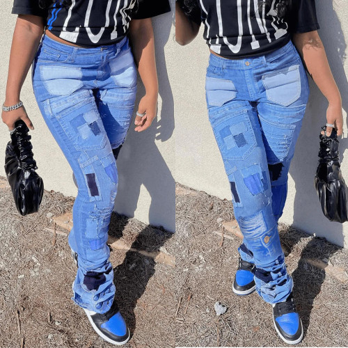 Women's Fashion Denim Print Pleated Pants