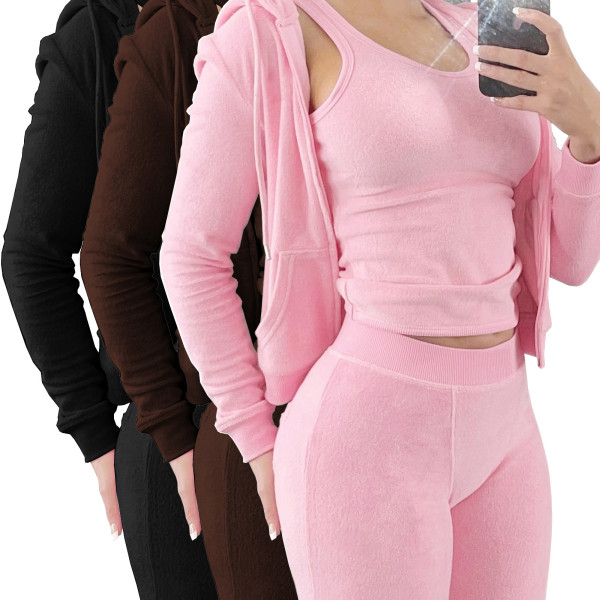 Autumn and winter new double-sided fleece vest hooded three-piece set