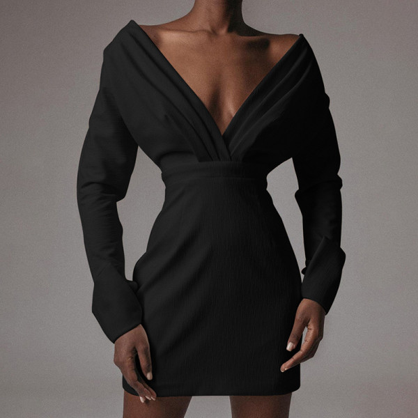 Women's deep V-neck solid color long-sleeved hip-packed temperament short skirt dress