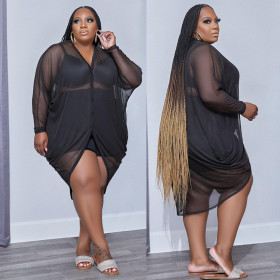 Plus Size Women's V-Neck Button Sexy Mesh Skirt See-Through Outer Dress