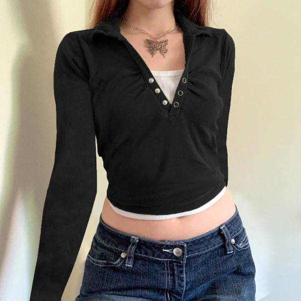 Net red hot girl retro style five-claw button fake two-piece long-sleeved T-shirt