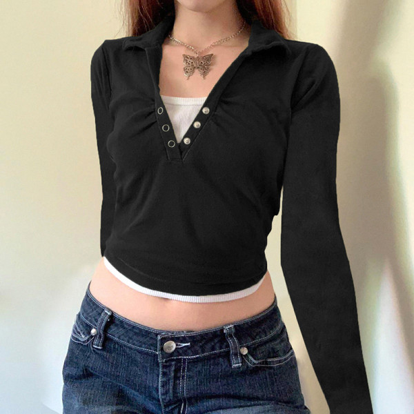 Net red hot girl retro style five-claw button fake two-piece long-sleeved T-shirt